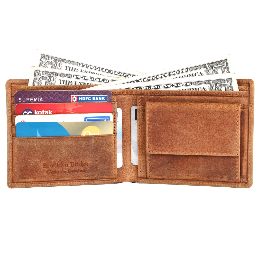 Brooklyn Bridge Crazy Horse Leather Wallet for Men – RFID Safe Vintage Bifold Wallet with Coin Pocket-BB-MW-786-CW-FG-CHL-YS-BROWN 2
