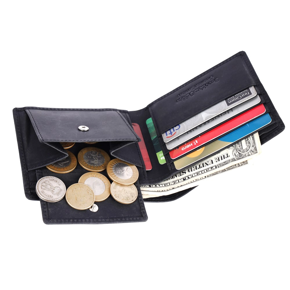 Crazy Horse Leather Wallet for Men – RFID Safe Vintage Bifold Wallet with Coin Pocket - EG-MLW-786-CW-FG-CHL-YS-BLACK 1