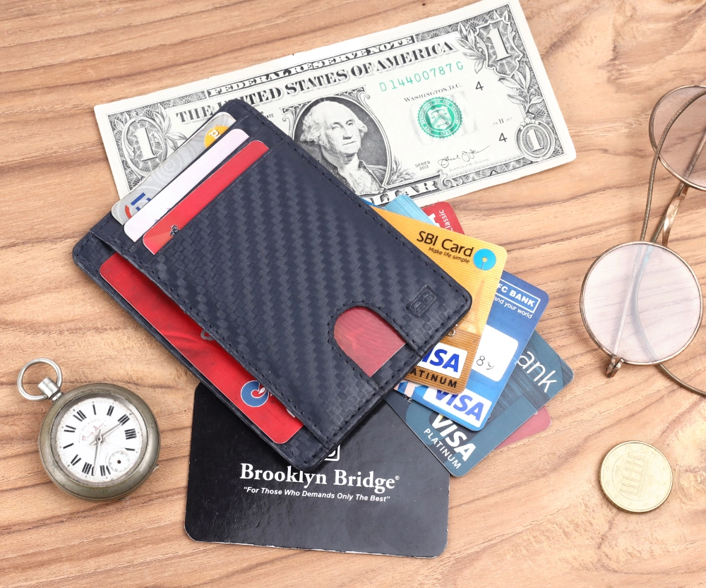 Brooklyn Bridge Genuine Leather Card Holder for Men – Slim RFID Blocking Carbon Fiber Wallet BB-CH-789-CW-BL-CFL-YS-BLUE 1