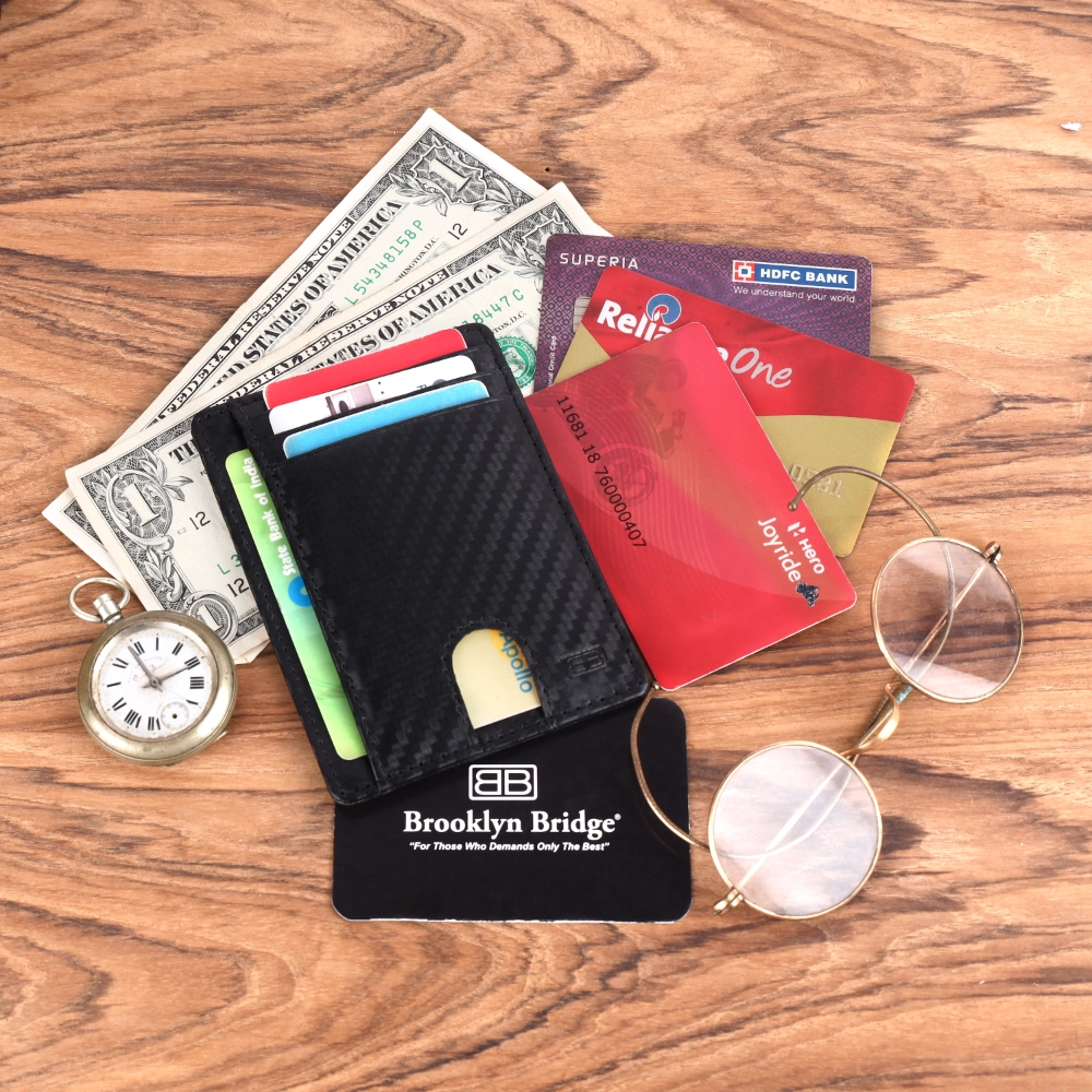 Brooklyn Bridge Genuine Leather Card Holder for Men – Slim RFID Blocking Carbon Fiber Wallet BB-CH-789-CW-BL-CFL-YS-BLACK 1